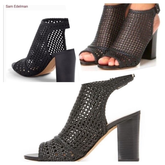 SAM EDELMAN EVIE BLACK WOVEN OPEN TOE SLING BACK HEELS size 9 - Picture 1 of 11